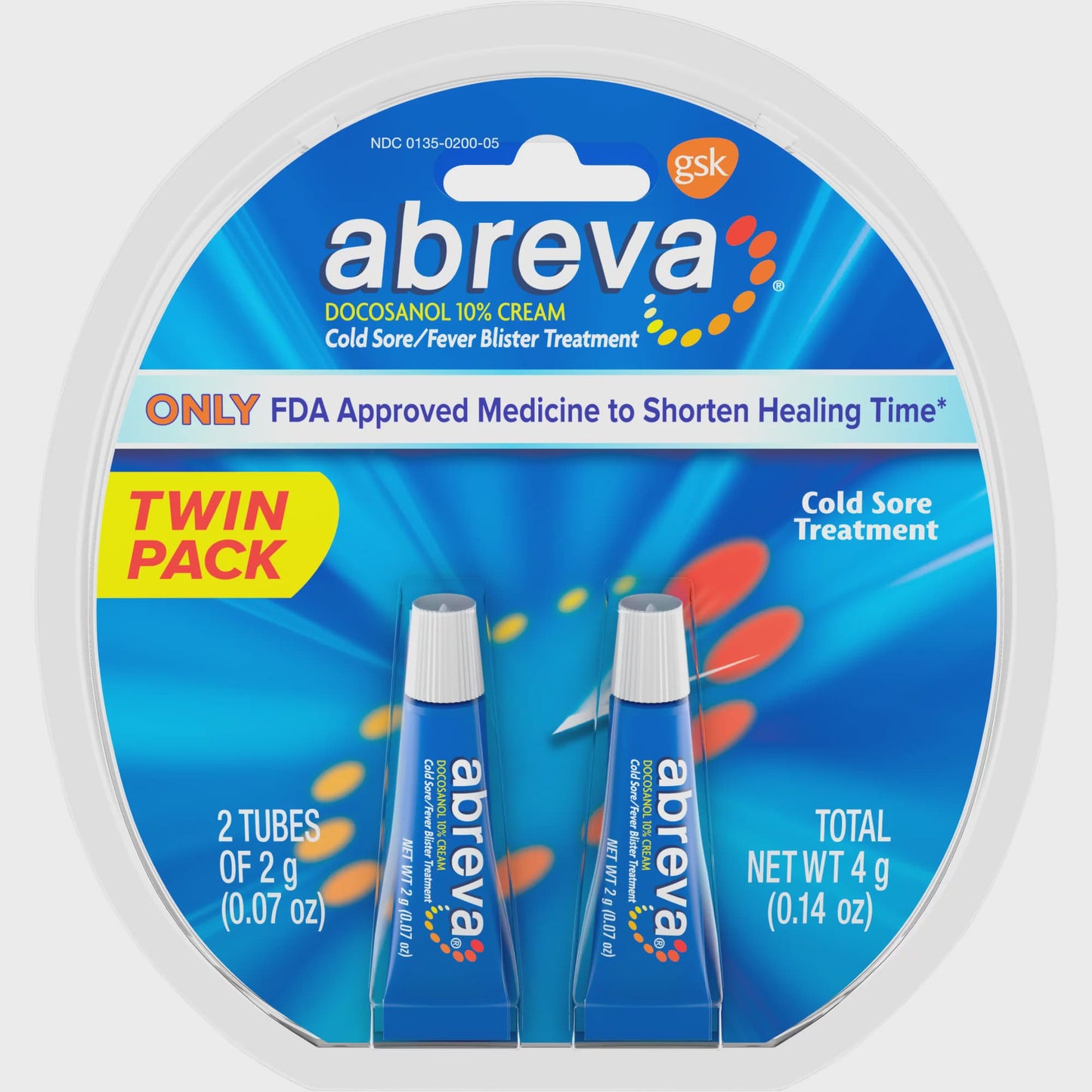 Abreva Docosanol 10% Fever Blister and Cold Sore Treatment .07 oz - 2 pack