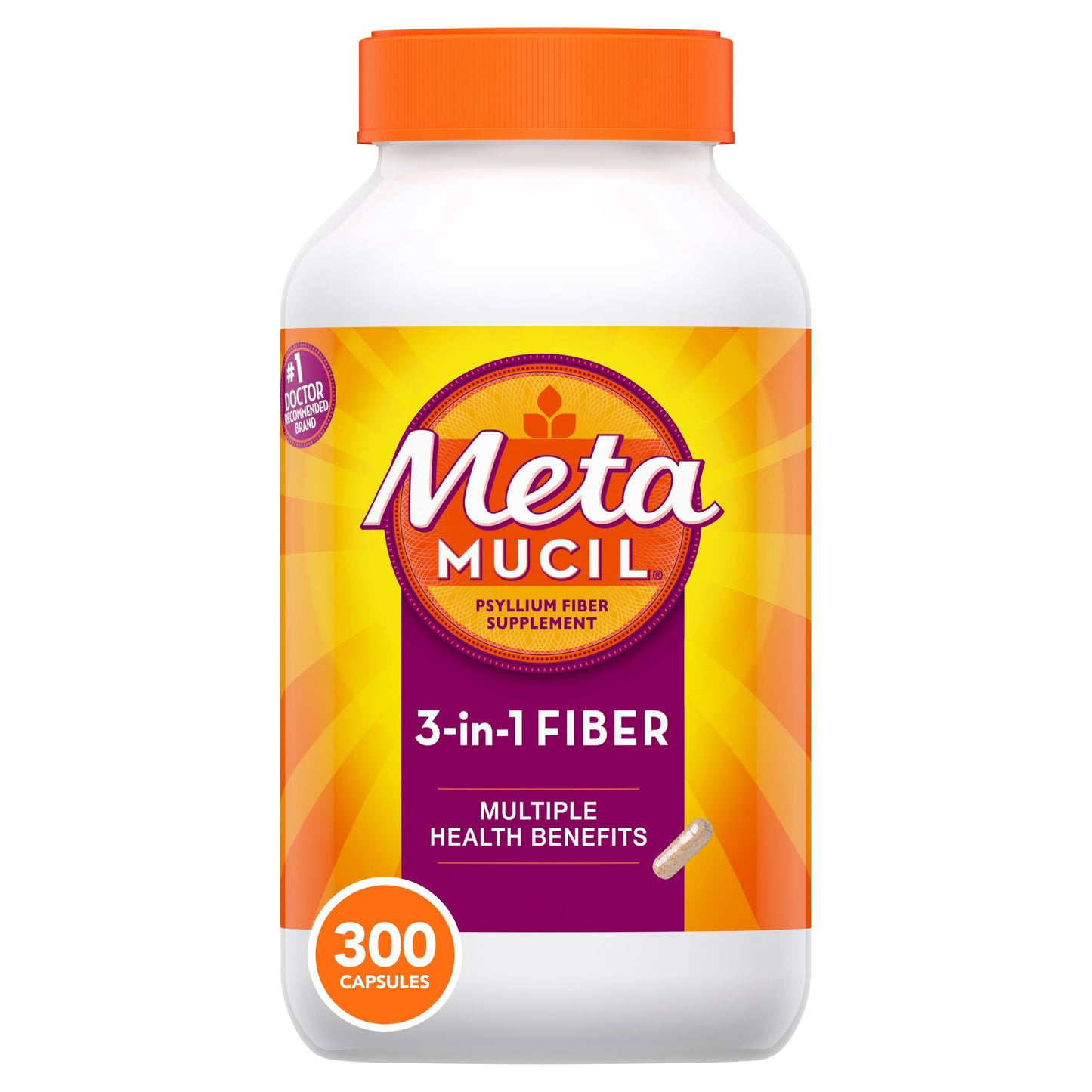 Metamucil Capsules, 3-in-1 Fiber, Digestive Health, 300 Ct