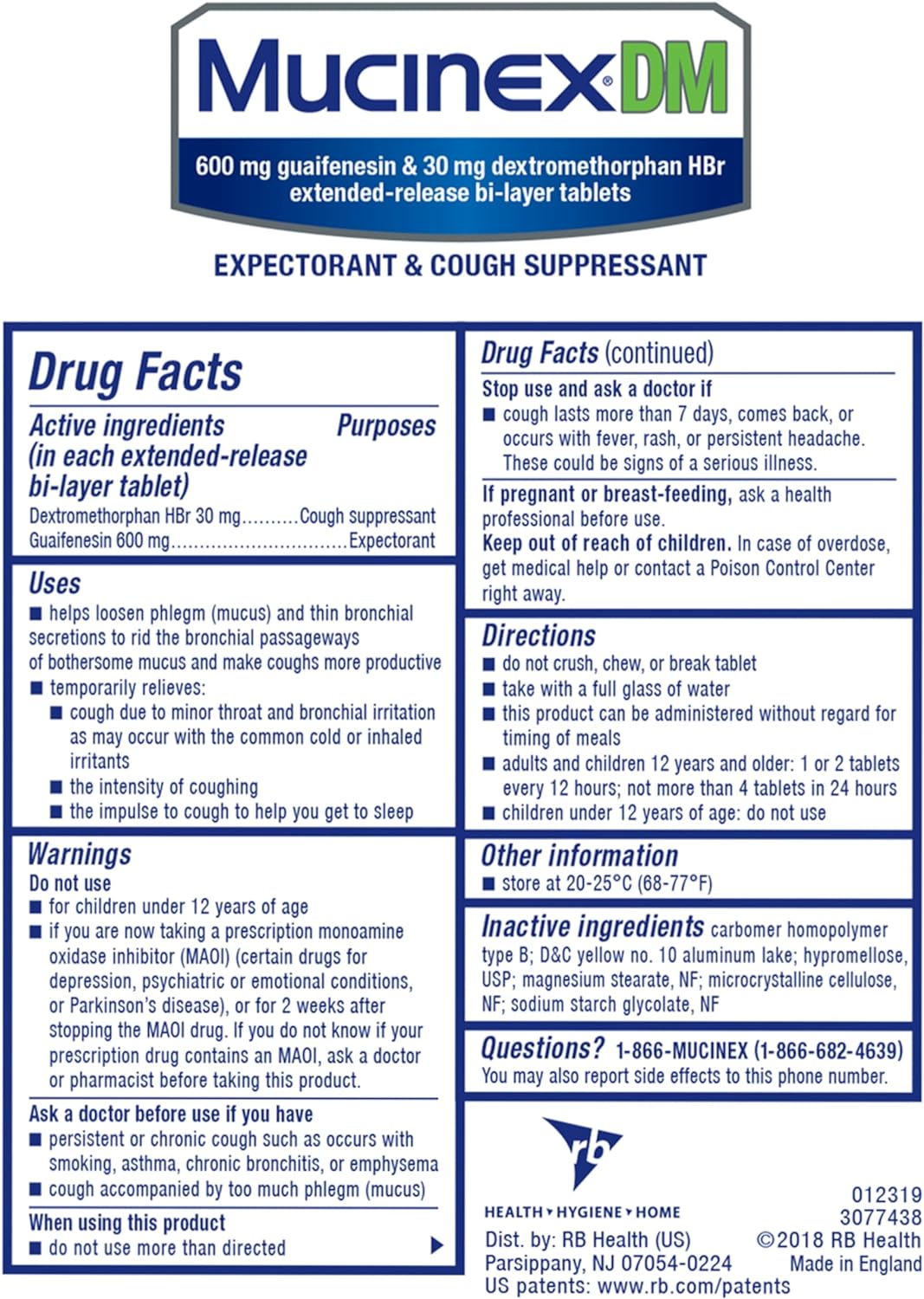 Mucinex DM 12 Hr Relief Tablets, 600 mg Guaifenesin, 30 mg Dextromethorphan HBr, 40ct