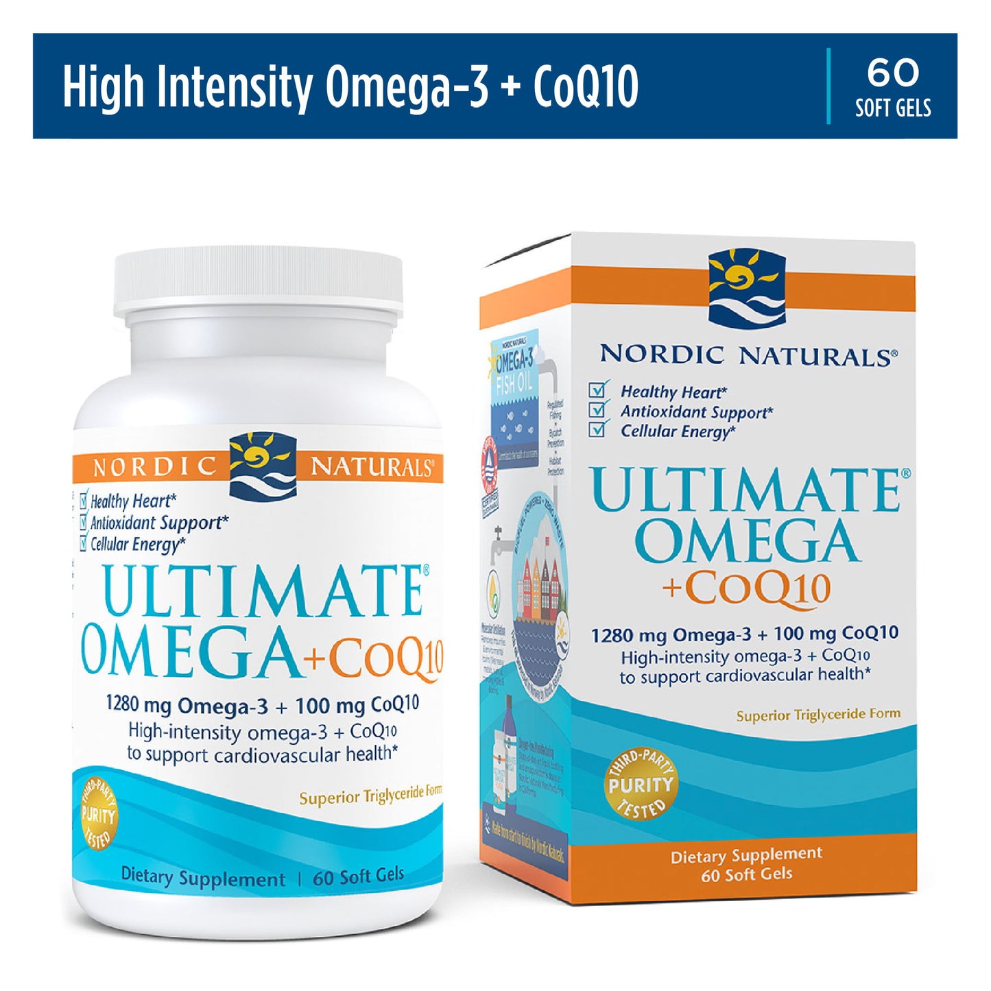 Nordic Naturals Ultimate Omega + CoQ10, Lemon - 60 Soft Gels - 1280 mg Omega-3 + 100 mg CoQ10 - Heart Health, Cellular Energy, Antioxidant Support - Non-GMO - 30 Servings
