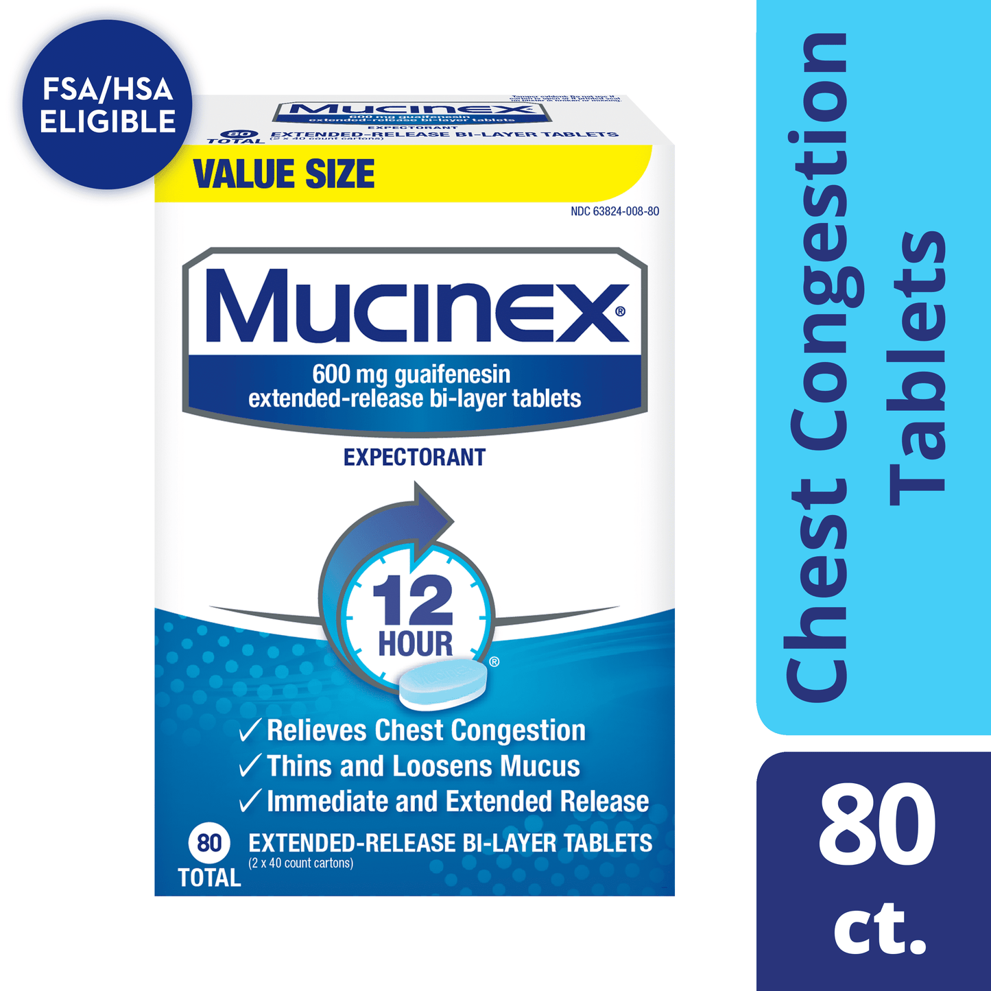 Mucinex 12 Hour Chest Congestion Expectorant Relief Tablets, 80 Count, Thins & Loosens Mucus