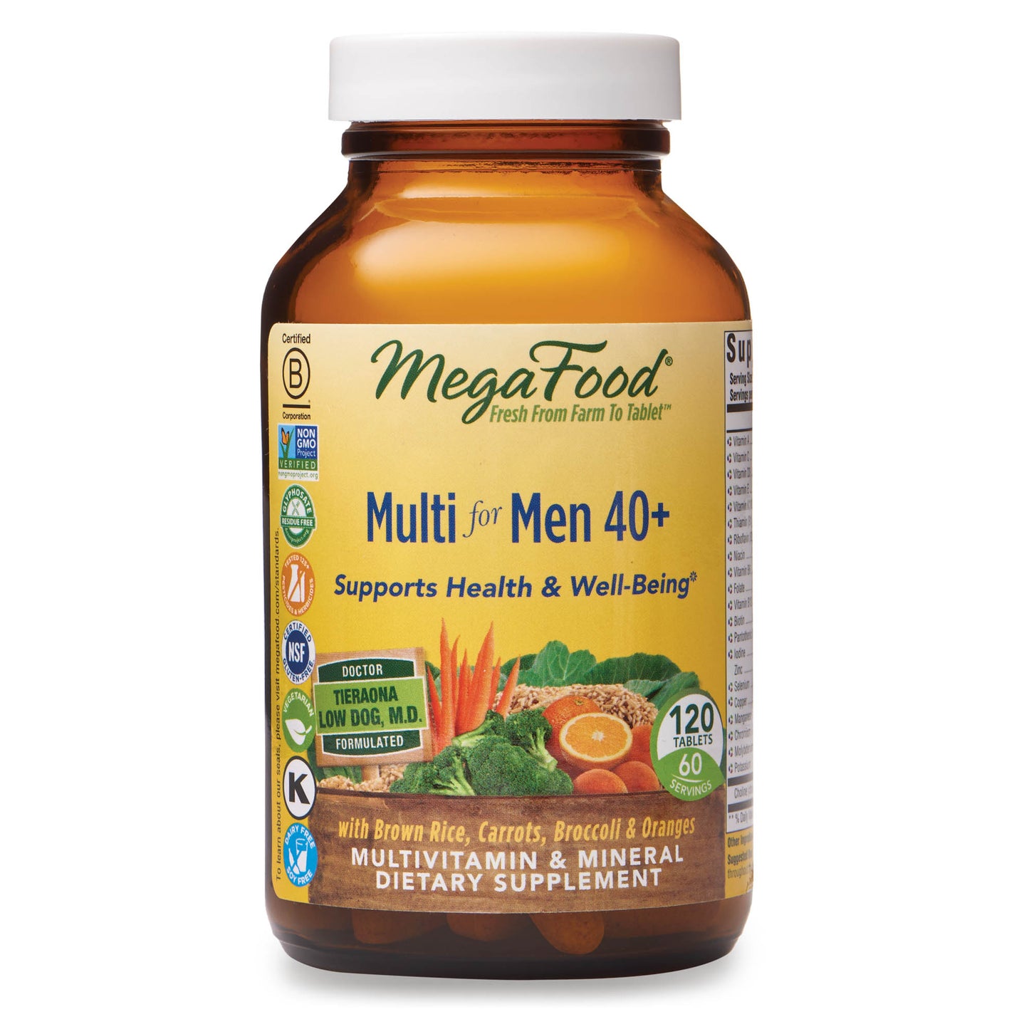 MegaFood Men's 40+ Multivitamin - Multivitamin with Vitamins C, D, B12, Biotin, Zinc, and Choline - Non-GMO, Gluten-Free, Vegetarian & Made without Dairy and Soy - 120 Tabs (60 Servings)