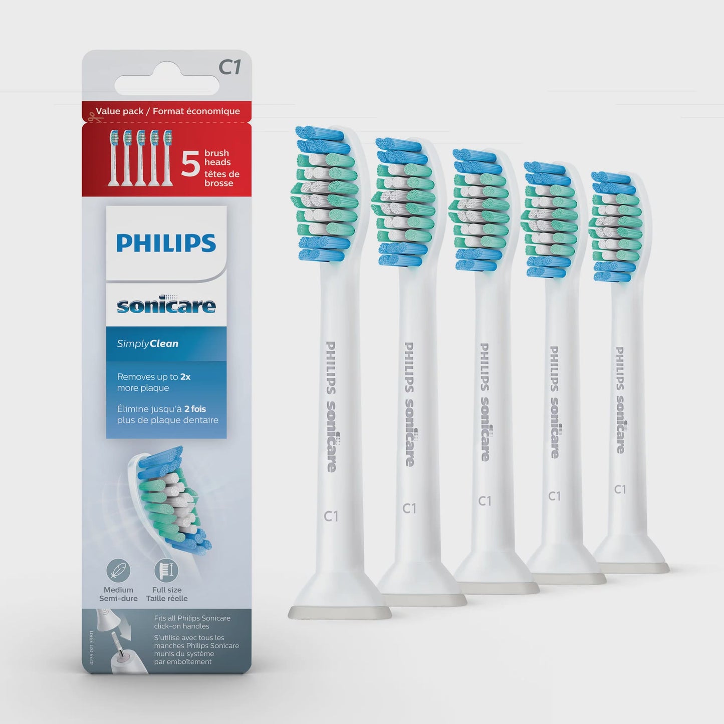 Philips Sonicare Simplyclean (C1) Replacement Toothbrush Heads, 5 Pack, HX6015/03