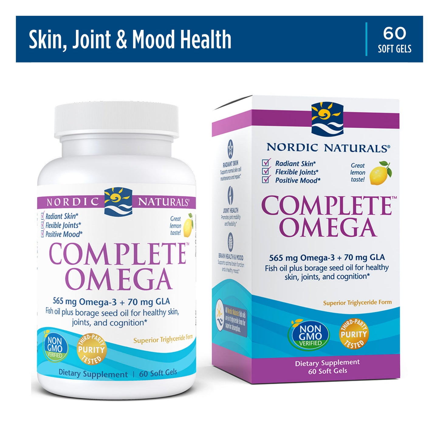 Nordic Naturals Complete Omega, Lemon Flavor - 60 Soft Gels - 565 mg Omega-3 - EPA & DHA with Added GLA - Healthy Skin, Cognition, Positive Mood - Non-GMO - 30 Servings