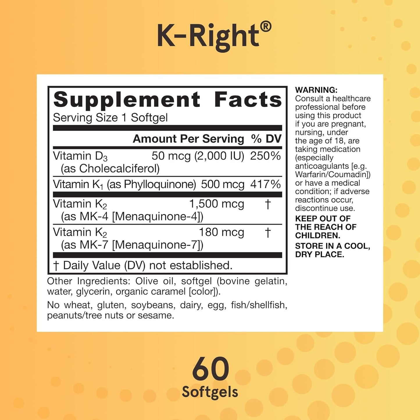 Jarrow Formulas K-Right - Dietary Supplement for Bone & Cardiovascular Health Support - Contains Vitamin D3 & Three Forms of Vitamin K Including MK-7 - 60 Servings (Packaging May Vary)