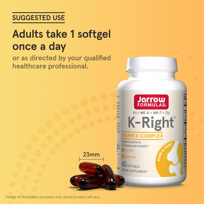 Jarrow Formulas K-Right - Dietary Supplement for Bone & Cardiovascular Health Support - Contains Vitamin D3 & Three Forms of Vitamin K Including MK-7 - 60 Servings (Packaging May Vary)