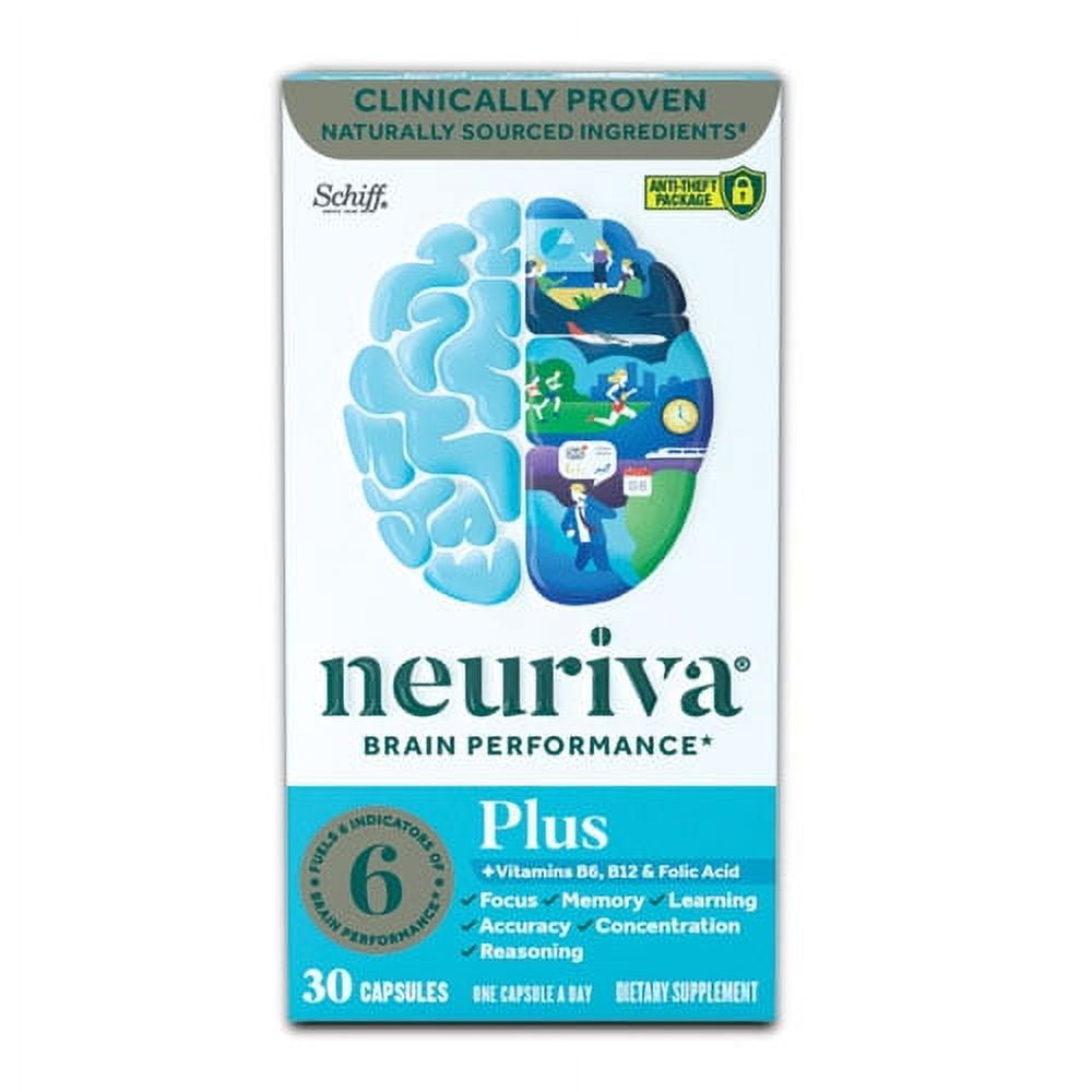 NEURIVA Plus Brain Supplement for Memory and Focus Clinically Tested Nootropics for Concentration for Mental Clarity, Cognitive Enhancement Vitamins B6, B12, Phosphatidylserine 30 Capsules